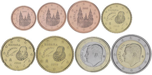 фото Испания набор из 8 монет евро 2018 UNC 1, 2, 5, 10, 20, 50 евроцентов, 1, 2 евро
