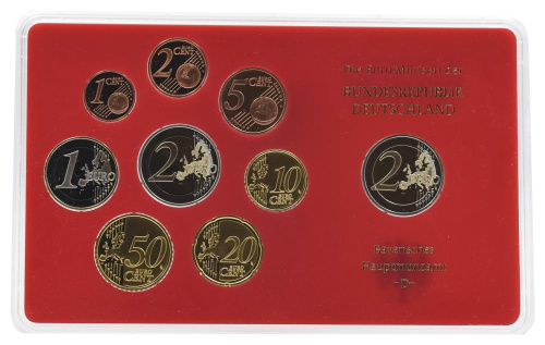 фото Германия набор из 9 монет евро 2008 UNC D 1, 2, 5, 10, 20, 50 евроцентов, 1, 2 евро, памятная 2 евро Блистер
