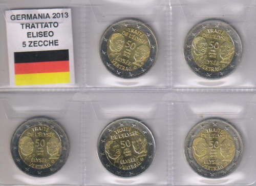 фото Германия набор из 5 монет по 2 евро 2013 A, D, F, G, J «50 лет Елисейскому договору» UNC