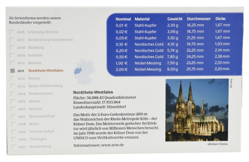 фото Германия набор из 9 монет евро 2011 UNC G 1, 2, 5, 10, 20, 50 евроцентов, 1, 2 евро, памятная 2 евро Блистер