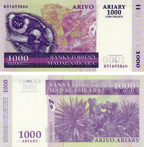 фото Мадагаскар 1000 ариари 2004 UNC Лемур Черепаха (P89)