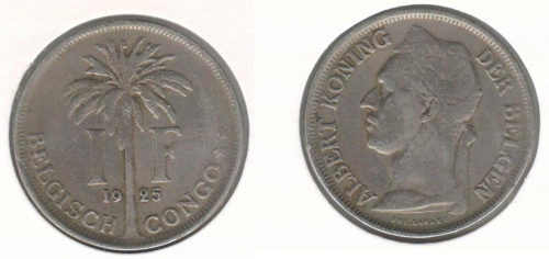 фото Конго Бельгийское 1 франк 1925 VF (km#21)