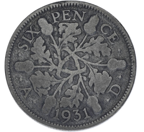 фото Великобритания 6 пенсов 1931 Серебро F-VF (Ag 500, 2,83 грамма)