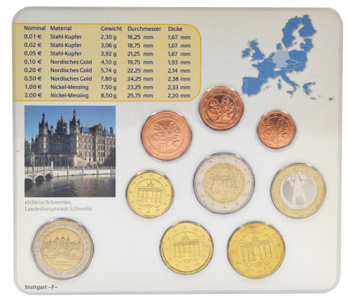 фото Германия набор из 9 монет евро 2007 UNC F 1, 2, 5, 10, 20, 50 евроцентов, 1, 2 евро, памятная 2 евро Блистер