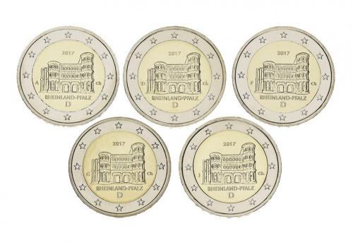 фото Германия набор из 5 монет по 2 евро 2017 A, D, F, G, J «Рейнланд-Пфальц, Порта Нигра» UNC
