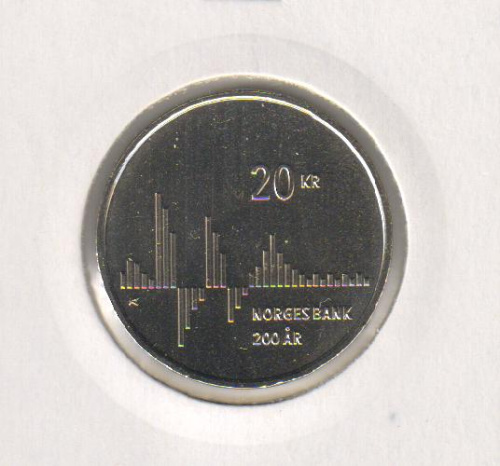 фото Норвегия 20 крон 2016 «200 лет Центральному банку» UNC (KM#492)
