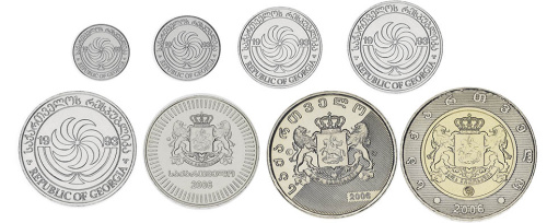 фото Грузия набор из 8 монет 1993-2009 UNC 1, 2, 5, 10, 20, 50 тетри, 1, 2 лари