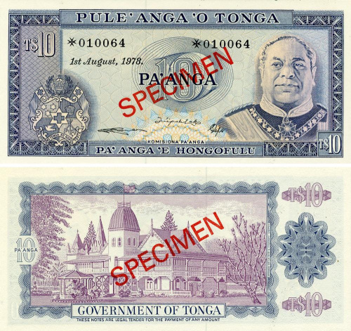фото Тонга 10 паанга 1978 UNC Specimen (P22s)