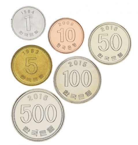 фото Южная Корея набор из 6 монет 1983-2016 UNC 1, 5, 10, 50, 100, 500 вон