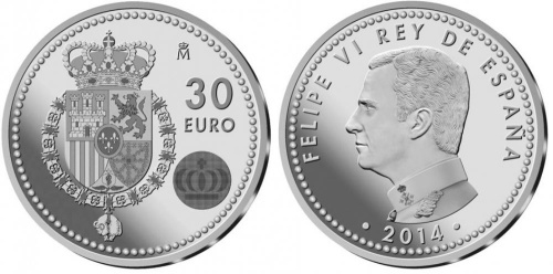 фото Испания 30 евро 2014 Серебро UNC Король Филипп VI (Ag 925, 18 грамм)