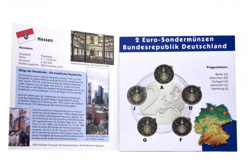 фото Германия набор из 5 монет по 2 евро 2015 A, D, F, G, J «Хессен» UNC в сувенирной упаковке