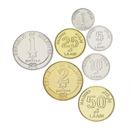 фото Мальдивы набор из 7 монет 1984-2012 UNC 1, 5, 10, 25, 50 лаари, 1, 2 руфии