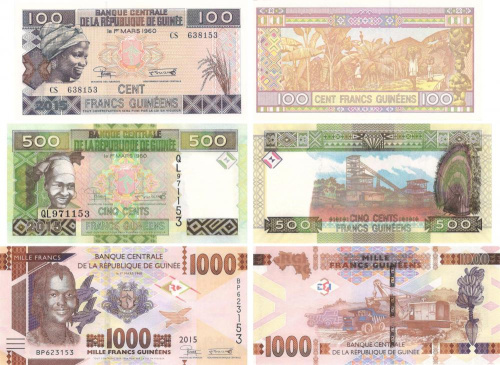 фото Гвинея набор из 3 банкнот 2015 UNC 100, 500, 1000 франков