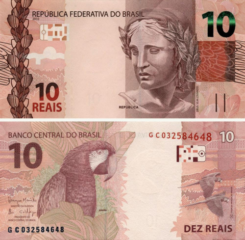 фото Бразилия 10 реал 2010 UNC Попугай (P254)