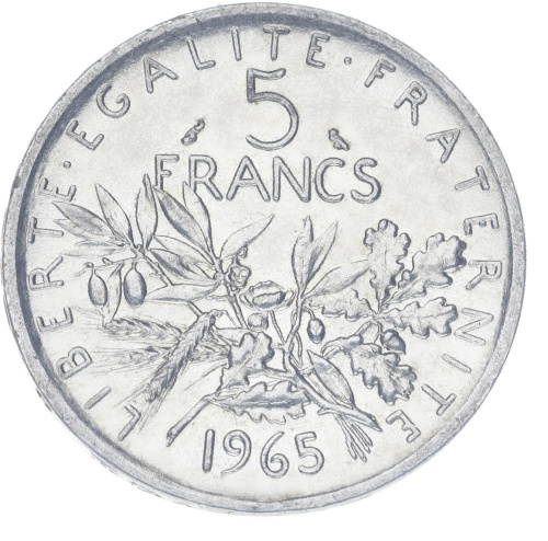 фото Франция 5 франков 1965 Серебро VF-AU (Ag 835, 12 грамм)