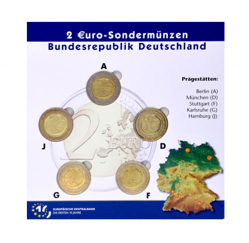 фото Германия набор из 5 монет по 2 евро 2009 A, D, F, G, J 10 лет союзу UNC в сувенирной упаковке