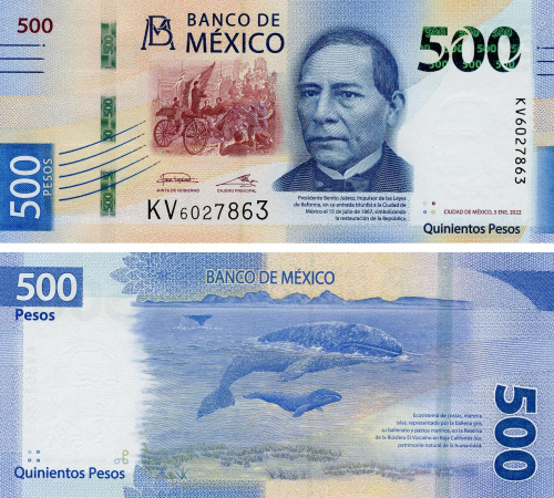 фото Мексика 500 песо 2022 UNC Киты (PW136)