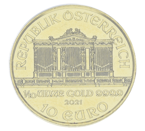 фото Австрия 10 евро 2021 Золото UNC Венская филармония (Au 999, 1/10 унции, 3,11 грамма)