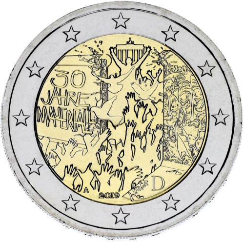 фото Германия 2 евро 2019 Биметалл A Берлинская стена UNC
