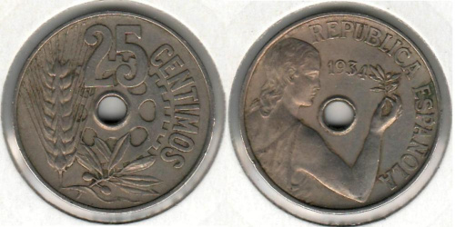 фото Испания 25 сентимо 1934 VF (KM#751)