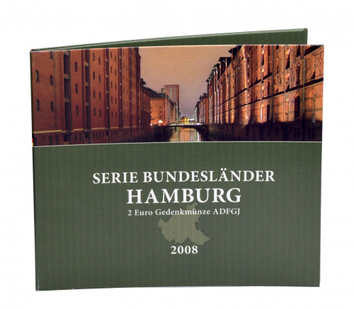 фото Германия набор из 5 монет по 2 евро 2008 A, D, F, G, J «Гамбург» UNC в сувенирной упаковке