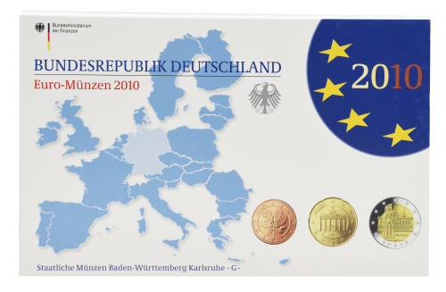 фото Германия набор из 9 монет евро 2010 UNC G 1, 2, 5, 10, 20, 50 евроцентов, 1, 2 евро, памятная 2 евро Блистер