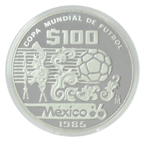 фото Мексика 100 песо 1985 Серебро Proof Чемпионат мира по футболу в Мексике в 1986 году - Узоры и мяч