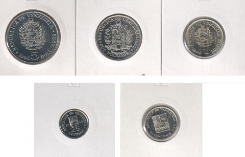 фото Венесуэла набор из 5 монет 1989-1990 UNC 25, 50 сентим, 1, 2, 5 боливар