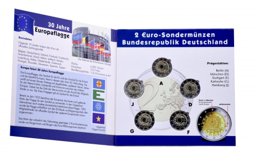 фото Германия набор из 5 монет по 2 евро 2015 A, D, F, G, J «Европейский флаг» UNC в сувенирной упаковке