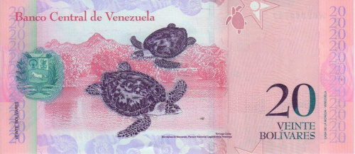 фото Венесуэла 20 боливар 2013 UNC Черепахи (P91f)