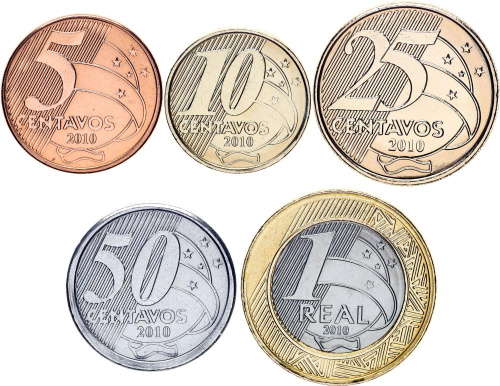 фото Бразилия набор из 5 монет 2010 UNC 5, 10, 25, 50 сентаво, 1 реал