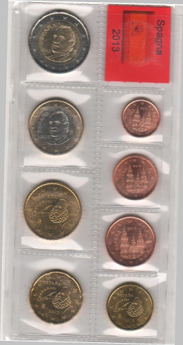фото Испания набор из 8 монет евро 2013 UNC 1, 2, 5, 10, 20, 50 евроцентов, 1, 2 евро