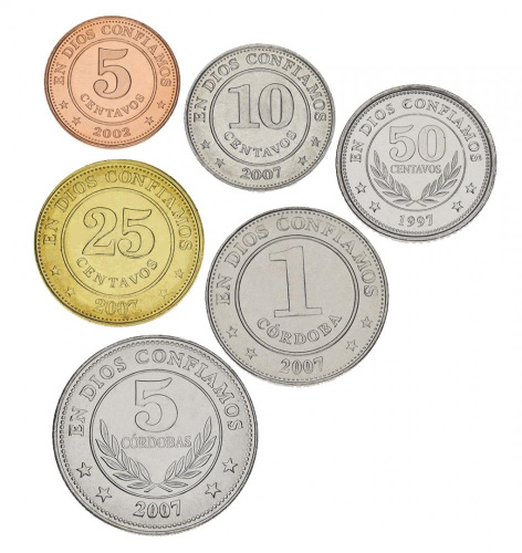 фото Никарагуа набор из 6 монет 1997-2007 UNC 5, 10, 25, 50 сентаво, 1, 5 кордоба