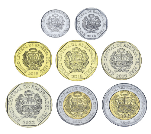 фото Перу набор из 8 монет 2010-2022 UNC 1, 5, 10, 20, 50 сентим, 1, 2, 5 солей