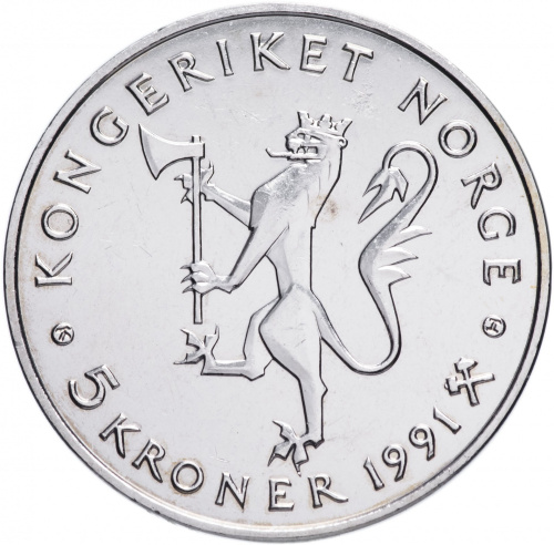 фото Норвегия 5 крон 1991 UNC (KM#430)