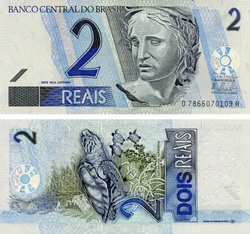 фото Бразилия 2 реала 2001 UNC Черепаха (P249)