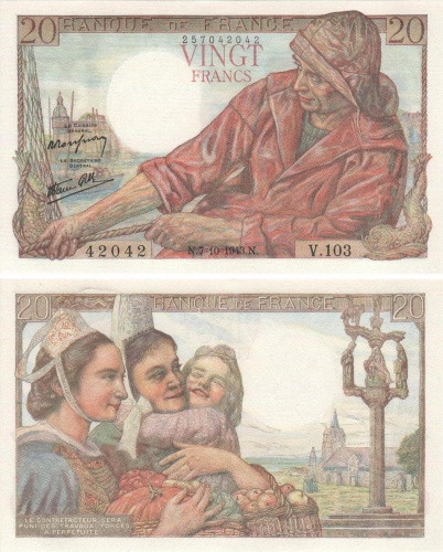 фото Франция 20 франков 1943 UNC (P100a)