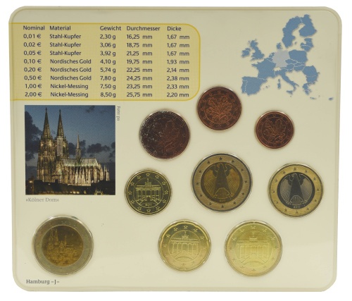 фото Германия набор из 9 монет евро 2011 UNC D 1, 2, 5, 10, 20, 50 евроцентов, 1, 2 евро, памятная 2 евро Блистер