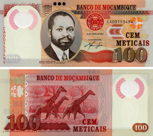 фото Мозамбик 100 метикалов 2011 Полимер UNC Жирафы (P151a)