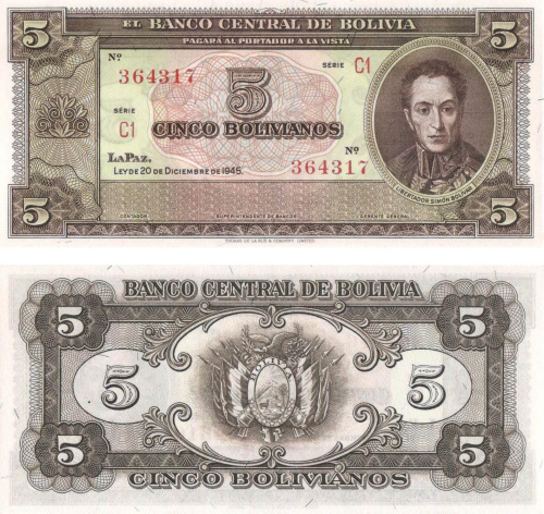 фото Боливия 5 боливиан 1945 AU-UNC (P138)