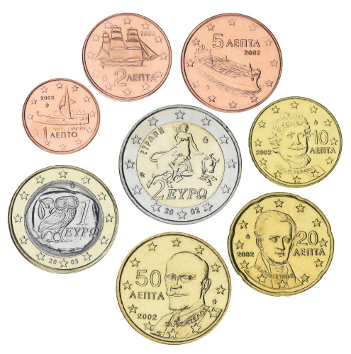 фото Греция набор из 8 монет евро 2002-2003 UNC 1, 2, 5, 10, 20, 50 евроцентов, 1, 2 евро
