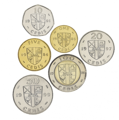 фото Гана набор из 6 монет 1984-1999 AU-UNC 1, 5, 10, 20, 50, 100 седи