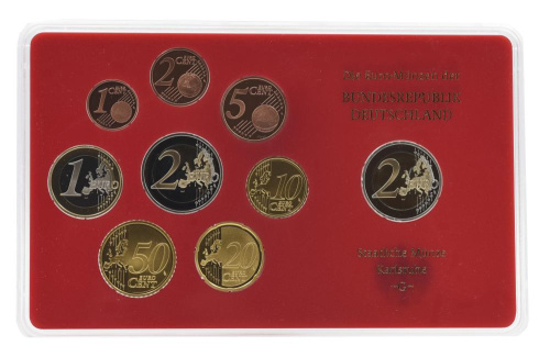 фото Германия набор из 9 монет евро 2008 UNC G 1, 2, 5, 10, 20, 50 евроцентов, 1, 2 евро, памятная 2 евро Блистер