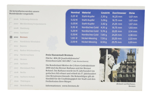 фото Германия набор из 9 монет евро 2010 UNC J 1, 2, 5, 10, 20, 50 евроцентов, 1, 2 евро, памятная 2 евро Блистер