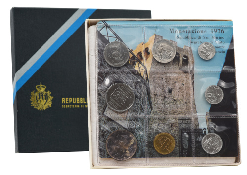 фото Сан-Марино набор из 8 монет 1976 UNC 1, 2, 5, 10, 20, 50, 100, 500 лир (серебро)