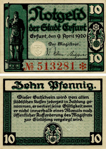 фото Германия Нотгельд  10 пфеннигов 1921  G-VG Эрфурт