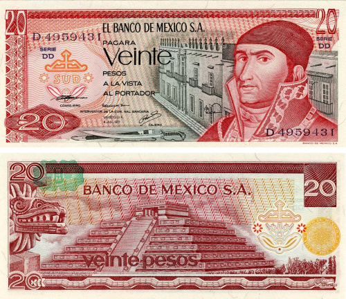 фото Мексика 20 песо 1977 UNC (P64d)