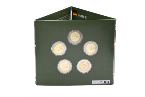 фото Германия набор из 5 монет по 2 евро 2008 A, D, F, G, J «Гамбург» UNC в сувенирной упаковке
