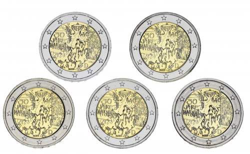 фото Германия набор из 5 монет по 2 евро 2019 UNC A, D, F, G, J Берлинская стена