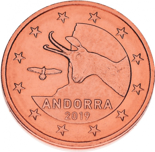 фото Андорра 1 евроцент 2019 UNC Серна Птица